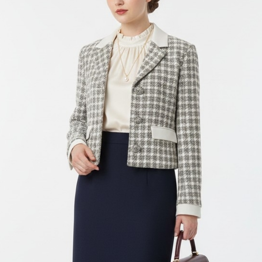ZARA Textured Plaid Jewel Button Cropped Blazer Jacket - Grey/White - Size L